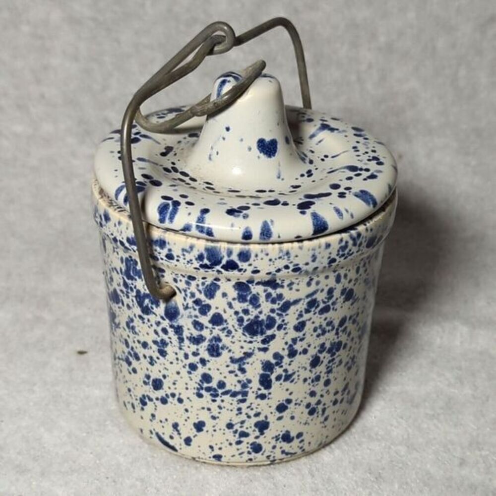 Vintage Blue and White‎ Splatterware Swing Lid Stoneware Crock